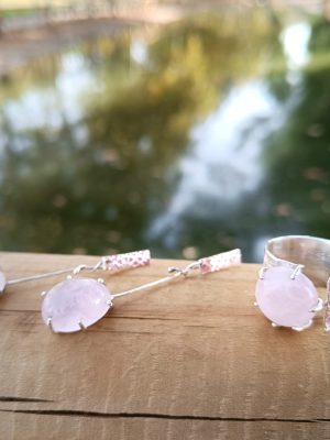 conjunto anillo y pendientes plata mudéjar y cuarzo rosa